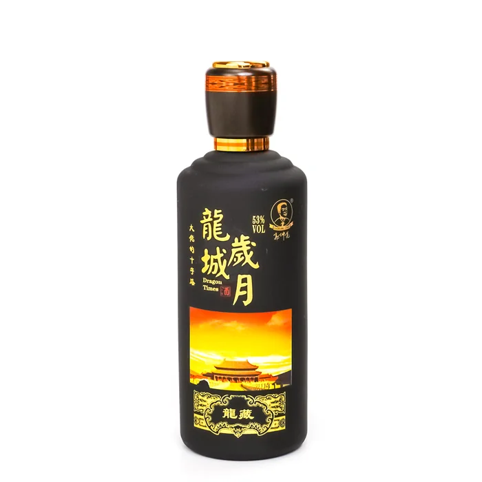 龙城岁月黑色磨砂瓶 500ml黑色哑光喷涂夕阳图案 经典大气的白酒包装设计