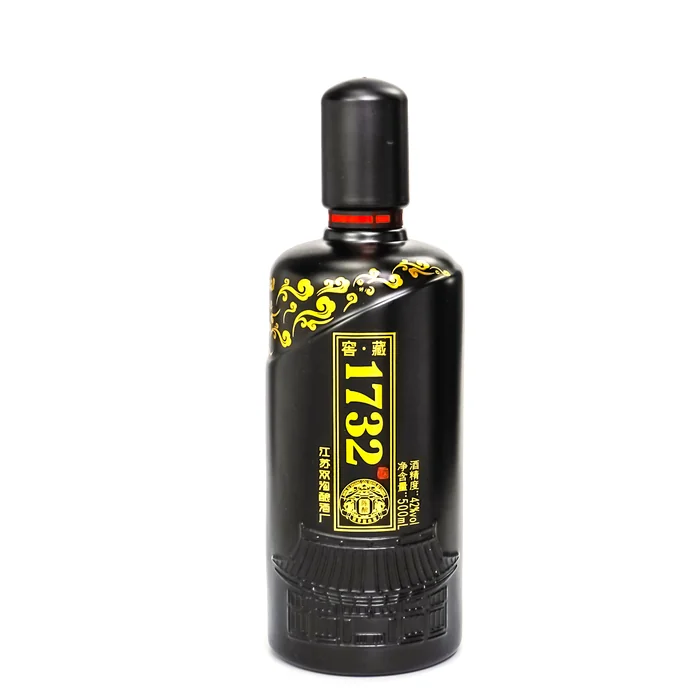 客藏1732黑色瓷瓶 500ml黑色光面喷涂古建筑浮雕 江苏双沟酿酒厂出品