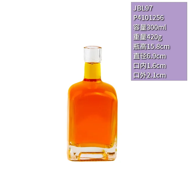 300ml方形圆角晶白料透明玻璃瓶高档威士忌洋酒瓶果酒分装瓶木塞口定制